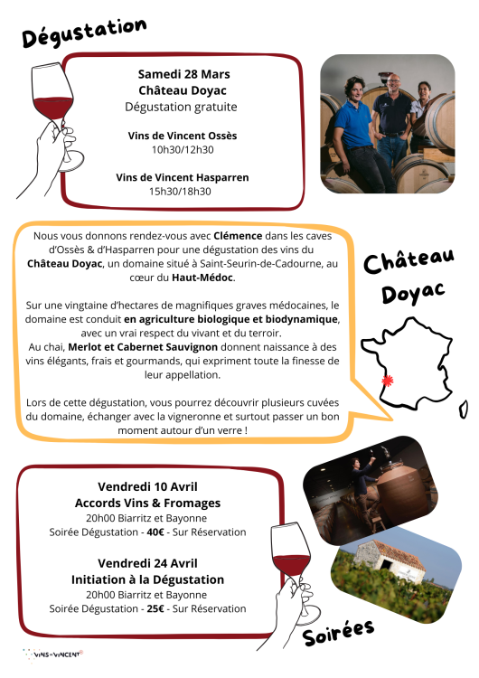 Les nouvelles des Vins de Vincent avec la dégustation gratuite du Château Doyac