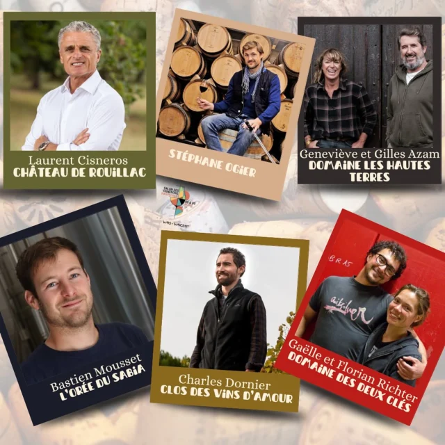 🍷 Qui se cache derrière ces grands vins ? Découvrez-les ! 🍇

Le Salon des Vignerons de Hasparren approche à grands pas, et cette semaine, nous vous dévoilons six nouveaux vignerons qui vous feront découvrir leur univers et leur passion les 8 et 9 mars 2025 !

👋 Faites connaissance avec : ✨ Laurent Cisneros – Château de Rouillac ✨ Stéphane Ogier ✨ Geneviève et Gilles Azam – Domaine Les Hautes Terres ✨ Bastien Mousset – L’Orée du Sabia ✨ Charles Dornier – Clos des Vins d’Amour ✨ Gaëlle et Florian Richter – Domaine des Deux Clés

🌿 Des terroirs variés, des personnalités uniques, et une même passion : celle du vin ! 

Venez échanger avec eux et déguster leurs cuvées lors du salon.

📅 Rendez-vous les 8 et 9 mars à Hasparren !

💬 Quel domaine avez-vous hâte de découvrir ? 
Dites-le-nous en commentaire ! 👇

👉🏼 Cliquez sur actualités dans la bio pour visualiser la newsletter.

#SalonDesVignerons #PortraitDeVignerons #Hasparren #PassionDuVin #VinsEtTerroirs#VinsDeVincent #BuvonsDuBonVin 

L’abus d’alcool est dangereux pour la santé.
À consommer avec modération.