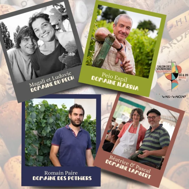 🌟 Dernière ligne droite avant le Salon des Vignerons ouvert à tous ! 🌟
Des vignerons et vigneronnes passionnés vous attendent pour vous faire découvrir leurs vins exceptionnels ! 🍇🍷 

Découvrez 4 vignerons qui seront présents :
✨ Magali & Ludovic – Domaine du Pech
✨ Peio Espil – Domaine Ilarria
✨ Romain Paire – Domaine des Pothiers
✨ Béatrice & Pascal – Domaine Lambert

📍 Rendez-vous les 8 & 9 mars à Hasparren pour les rencontrer et déguster leurs pépites !

🍷 Quel domaine vous intrigue le plus ? Dites-le-nous en commentaire ! ⬇️

👉🏼 Cliquez sur actualités dans la bio pour visualiser la newsletter.
#SalonDesVignerons #PortraitDeVignerons #Hasparren #PassionDuVin #VinsEtTerroirs #VinsDeVincent #BuvonsDuBonVin

L’abus d’alcool est dangereux pour la santé. À consommer avec modération.