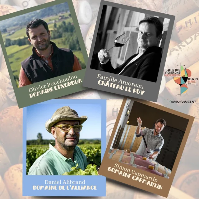 🌟 Dernière ligne droite avant le Salon des Vignerons ouvert à tous ! 🌟
La passion du vin est au rendez-vous avec ces vignerons talentueux prêts à vous faire découvrir leurs cuvées ! 🍇

Voici 4 vignerons à rencontrer parmis les 35 :
✨ Olivier Pouchoulou – Domaine Etxondoa
✨ Famille Amoreau – Château Le Puy
✨ Daniel Alibrand – Domaine de l’Alliance
✨ Simon Capmartin – Domaine Capmartin

📍 Rendez-vous les 8 & 9 mars à Hasparren pour les rencontrer et déguster leurs pépites !

🍷 Quel domaine vous intrigue le plus ? Dites-le-nous en commentaire ! ⬇️
👉🏼 Cliquez sur actualités dans la bio pour visualiser la newsletter.
#SalonDesVignerons #PortraitDeVignerons #Hasparren #PassionDuVin #VinsEtTerroirs #VinsDeVincent #BuvonsDuBonVin

L’abus d’alcool est dangereux pour la santé. À consommer avec modération.