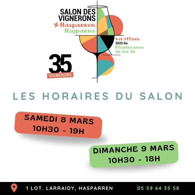 🍷✨ Le Rendez-vous Incontournable du Week-end à Hasparren ! ✨🍷
 
🔴 Ouvert à tous 🔴
🕙Samedi 8 Mars : 10h30 - 19h
🕙Dimanche 9 Mars : 10h30 - 18h
 
🍷 Dégustations, Ventes, Restauration et Bar à Vin sur place 🍽️
Un week-end placé sous le signe du plaisir et de la découverte ! Venez rencontrer des vignerons passionnés, savourer des vins d’exception et profiter d’une ambiance conviviale.
 
Taguez vos amis amateurs de bons vins et rejoignez-nous ! 🍾✨ 

#SalondesVignerons #Vignerons #Vins #Hasparren #PaysBasque #VinsdeVincent #15Ans

L’abus d’alcool est dangereux pour la santé, à consommer avec modération.
