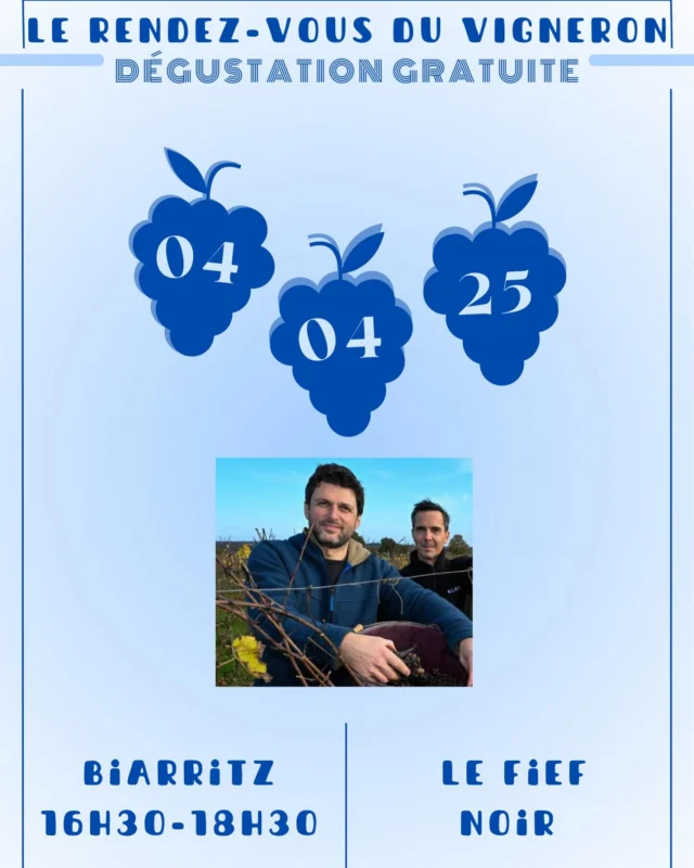 🍷 Dégustation Gratuite en Présence du Vigneron 🍇

Rejoignez-nous pour une rencontre exclusive avec Alexis du Domaine Fief Noir ! Venez déguster ses vins et échanger avec lui sur sa passion et son métier.

📅 Vendredi 4 Avril
⏰ 16h30 - 18h30
📍 Vins de Vincent - Biarritz

Un moment convivial à ne pas manquer ! 🍷✨ #Dégustation #FiefNoir #VinsDeVincent #Biarritz 

L’abus d’alcool est dangereux pour la santé, à consommer avec modération.