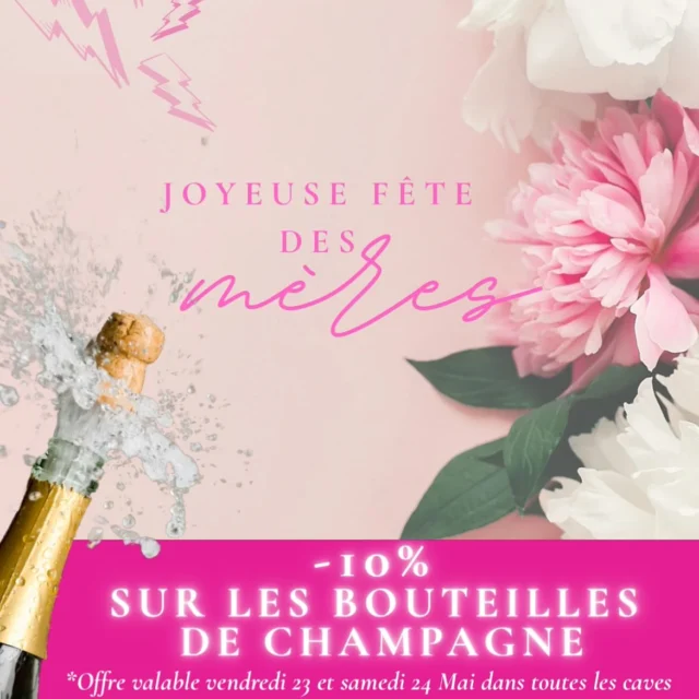 🎀 Spécial Fête des Mères 🎀
Ce vendredi 23 et samedi 24 mai, faites pétiller les cœurs 💖
 
✨ -10% sur toutes les bouteilles de champagne ✨
Offre valable dans nos 4 caves Les Vins de Vincent 🥂
 
C’est le moment idéal pour gâter votre maman avec une touche d’élégance et de bulles ! 🎁💐
 
📍 Retrouvez-nous dans nos caves pour profiter de cette offre exclusive.

#FêteDesMères #Champagne #LesVinsDeVincent #OffreSpéciale
L’abus d’alcool est dangereux pour la santé. À consommer avec modération.