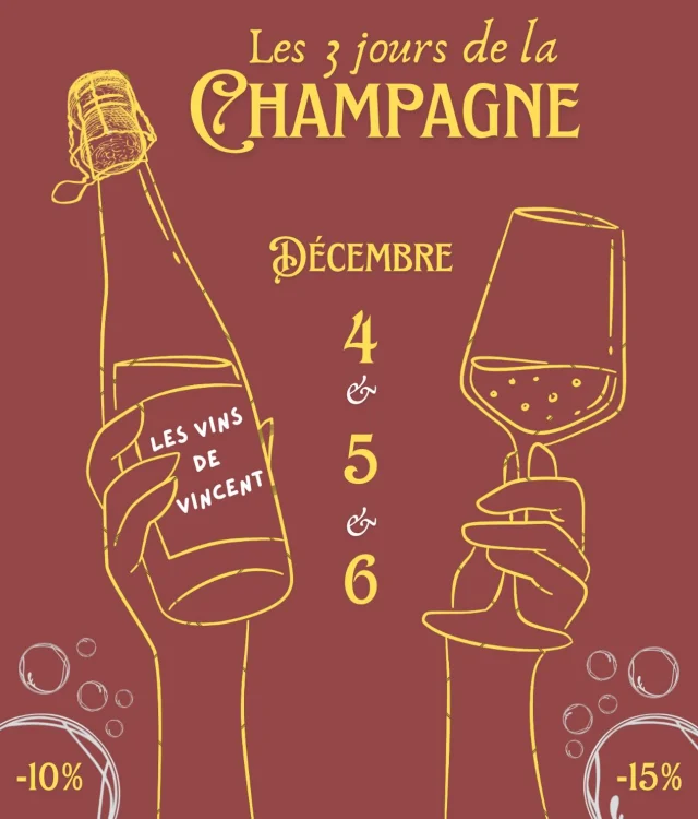 🍾💥 3 Jours de la Champagne — 4, 5, 6 décembre 💥🍾  Des OFFRES EXCEPTIONNELLES sur une sélection de bouteilles & cartons de Champagne ! Le crémant s’invite lui aussi pour faire pétiller vos fêtes ✨ 🍾✨
3 jours seulement pour faire le plein avant les fêtes. Ne ratez pas ça ! 👀

📍Les Vins de Vincent

#Champagne #Fetes #Noel #Réveillon #VinsDeVincent 

L’abus d’alcool est dangereux pour la santé, à consommer avec modération.